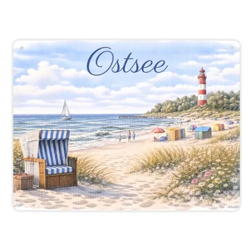 Strandszene Ostsee Metallschild XL in 21x28 cm mit Leuchtturm und Strandkorb Lustiges Deko-Blechschild für maritimes Flair