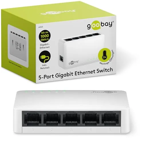 goobay 64563 Gigabit Ethernet Netzwerk Switch 5 Port / LAN Switch mit max. 1000 Mbit/s / Lüfterloses Design / Ethernet Switch mit Plug & Play / Optimierter Datenverteiler / Weiß
