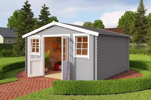 Gartenhaus Blockhaus Satteldach 28 mm Wels 4 grau