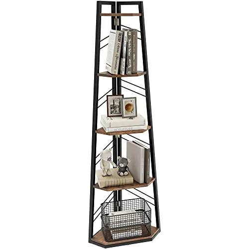 DWVO Eckregal 5 Ebenen, Eckbuchhandel mit Metallrahmen, Industrial Ladder -Bücherregal, Bodenständiges Displayregal, Hoher Speicherregal, für Wohnzimmer, Küche, Schlafzimmer, Vintagebraun Standregal