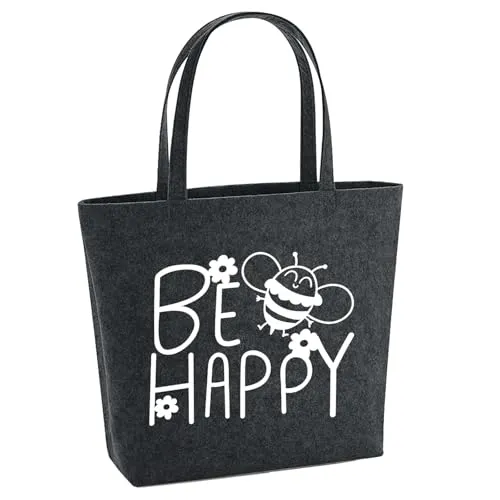 Huuraa Filzshopper Be Happy Biene 22 Liter Charcoal Melange Filztasche Geschenkidee