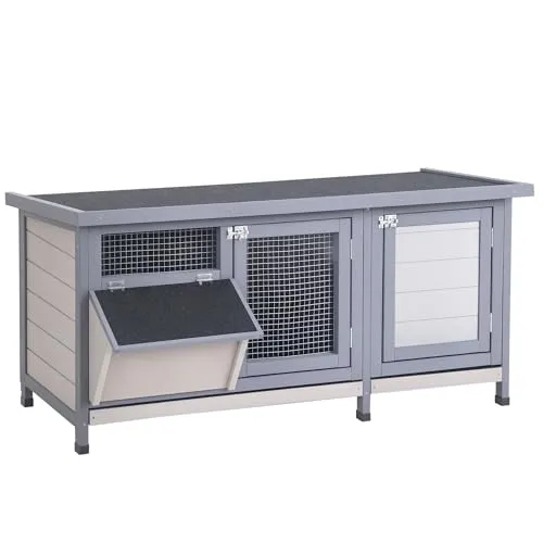 PawHut Hasenstall Winterfest Kaninchenstall aus Holz 112x50x54 cm Kaninchenkäfig mit Bitumendach, 2 Türen, Metallgitter, Hasenkäfig für Kaninchen, Meerschweinchen Outdoor Grau+Schwarz