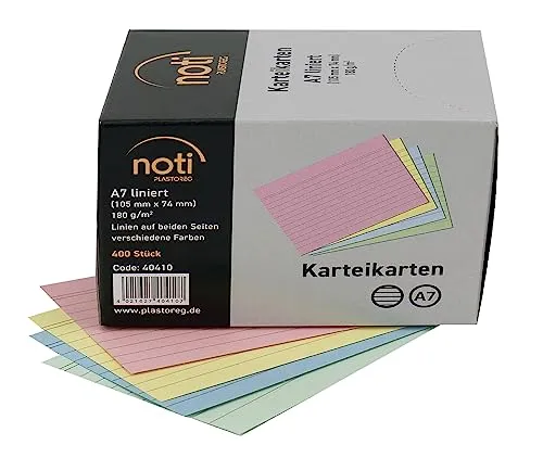 Karteikarten A7, 105 x 74mm liniert, farbig sortiert, 400 Stück in praktischer Spenderbox, für Vokabeln, als Lernkarten, Moderationskarten, Büro und Schule in 180g/m²