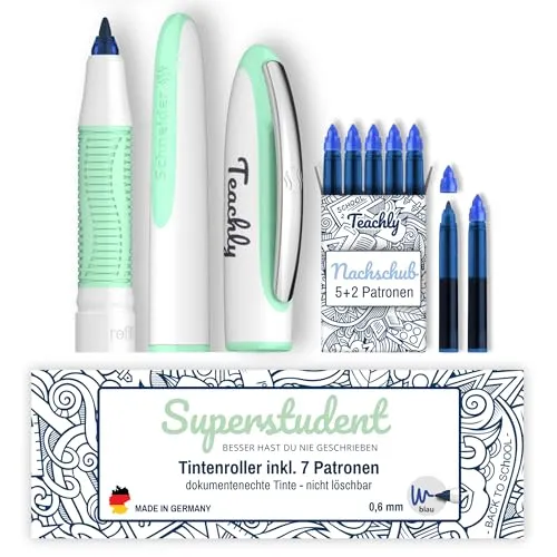 Teachly Superstudent Tintenroller - Nachfüllbarer Stift für Uni, Schule & Büro (Mint) - Schreibutensilien: Hochwertiger Tintenroller mit weicher Ultra-Smooth-Spitze für ein herausragendes Schreibgefühl und inklusive 7 nachfüllbaren Tintenpatronen.