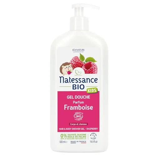 Natessance - Duschgel für Körper und Haare Kids – Himbeere – zertifiziert Bio Cosmos Organic – Flasche 100% pflanzlich – 500 ml