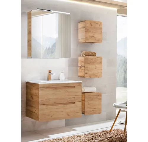 Lomadox Badmöbel-Set LUTON-56-CRAFT - Badmöbel-Set mit 80 cm Keramik-Waschtisch, modernes Design und praktisches Soft-Close-System für komfortable Nutzung.