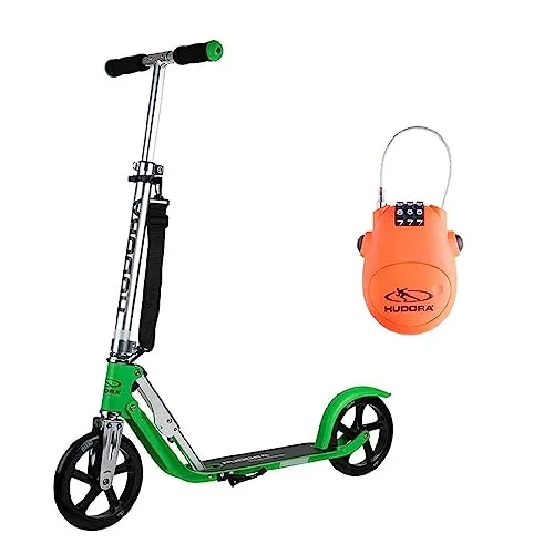 HUDORA BigWheel® 205 Scooter, Grass Exklusiv Edition mit Kabelschloss - Leichter Aluminium-Scooter für Erwachsene und Jugendliche bis 100 kg. Genießen Sie hohen Fahrkomfort mit tiefem Trittbrett und schlanken Rollen. Höhenverstellbar und faltbar für einfachen Transport.