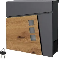 ML-Design Briefkasten Anthrazit/Holzoptik 37x36,5 cm - Moderner Briefkasten aus wetterfestem Stahl mit integriertem Zeitungsfach und abschließbarem Schloss für optimale Sicherheit und Schutz Ihrer Post.