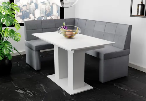 Eckbankgruppe BLAKE XL mit Esstisch DANTE - Sitzbänke für Wohnzimmer und Esszimmer, inklusive praktischen Esstisch DANTE in Weiß, ideal für gesellige Runden und Familienessen.