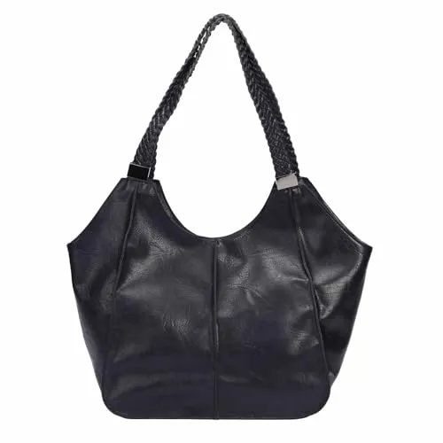 OBC Damen XXL Tasche Schultertasche Shopper Businesstasche Umhängetasche Workbag Henkeltasche Reisetasche FLECHTOPTIK Henkel Leder Optik Dunkelblau