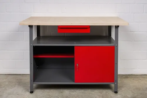 Kreher Werkbank XL - Robuste Metallwerkbank mit 1 Tür in Rot - Werkstatteinrichtung mit stabiler Metallkonstruktion und praktischem Stauraum durch eine Tür, ideal für Werkstätten und Hobbyräume.