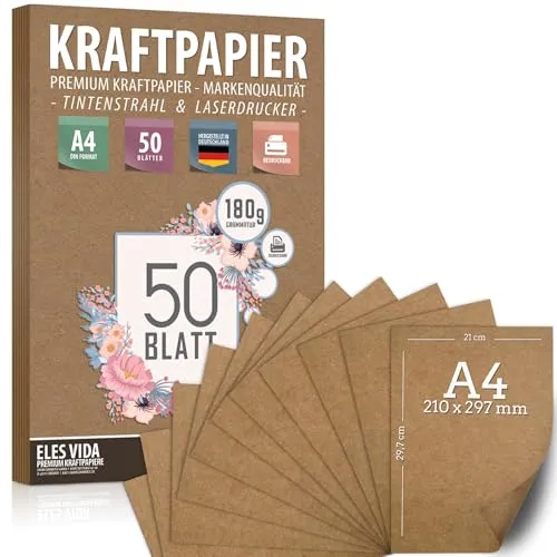 Blatt Kraftpapier A4 Set - 180 g - 21 x 29,7 cm - DIN Format - Bastelpapier & Naturkarton Pappe Blätter aus Kraftkarton zum Drucken, Kartonpapier Basteln für Vintage Hochzeit Geschenke Etiketten 50