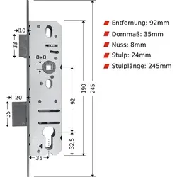 FELGNER Rohrrahmen-Einsteckschloss für Profilzylinder Dornmaß 25-45 mm (Dornmass: 35 mm) Dornmass: 35 mm