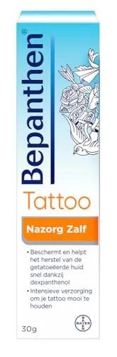 Bepanthen Tattoo Nachsorge Salbe 30g - Hochwertige Nachsorge für Tattoos, unterstützt die Hautregeneration und schützt mit einer atmungsaktiven Schicht. Empfohlen von Tätowierern für optimale Pflege.