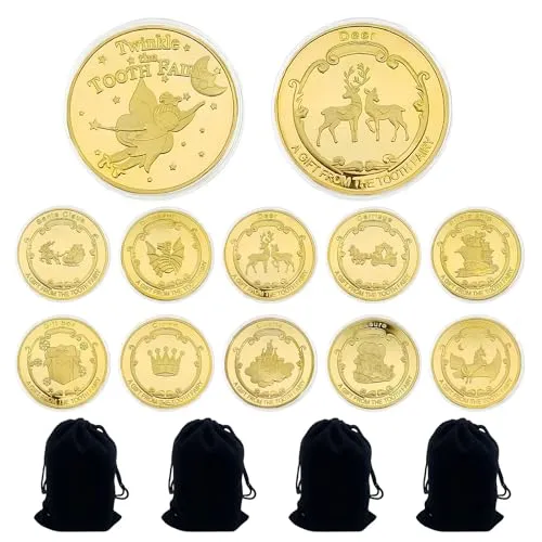 KEORHEZ 10 Stück Zahnfee Geschenke mädchen, Zahnfee münze, Mit Aufbewahrungsbeutel, Geschenke Für Kinder Mit Zahnverlust, Geeignet Für Jungen Und Mädchen (Gold)