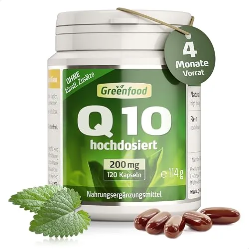Q10 Kapseln, extra hochdosiert, 200mg - 120 Softgels. Gewonnen durch natürliche Fermentation. OHNE künstliche Zusätze - laborgeprüft. Von Greenfood.