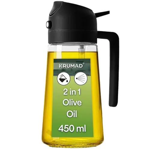 KRUMAD Ölsprüher und Olivenölspender aus Glas 450 ml 2 in 1, Nachfüllbare Ölflasche mit Griff für Küche, Ölkaraffe mit PP Deckel, Ideal für Öl sprühflasche Küche, Essigspender und Küchenöl Spender