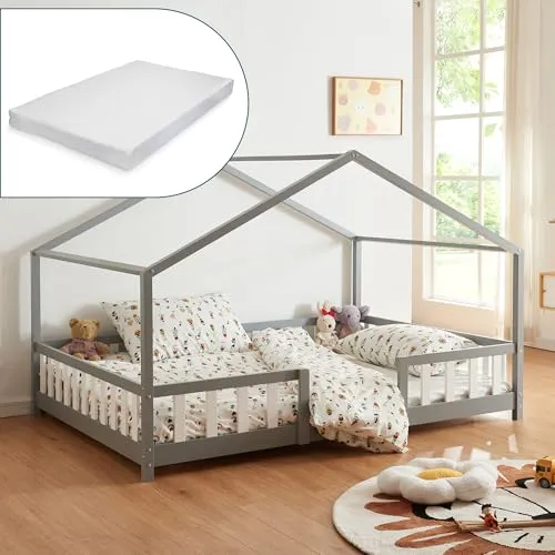 Kinderbett 'Treviolo' mit Matratze und Rausfallschutz 140x200cm Grau - Kinderbett in gemütlicher Hausoptik mit Matratze, ideal für einen erholsamen Schlaf und sicheren Halt dank Rausfallschutz. Perfekt für kleine Abenteurer!