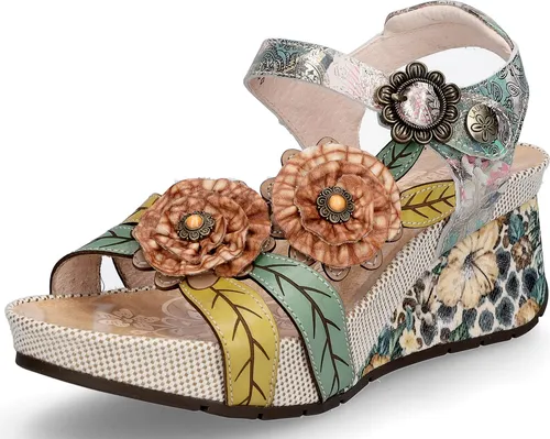 LAURA VITA Damen Sandalette Beige/Bunt - Größe 42 - Modische Sandale in Größe 42 mit offenem Zehenbereich und praktischem Klettverschluss. Ideal für lässige Sommerlooks, aus hochwertigem Leder und Textil gefertigt.
