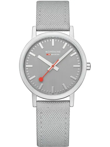 Mondaine A660.30314.80SBH Classic 36mm - Armbanduhr für Damen und Herren, Swiss Made mit edlem Edelstahlgehäuse und grauem Textilarmband. Wasserdicht bis 3 ATM und ideal für den modernen Alltag.