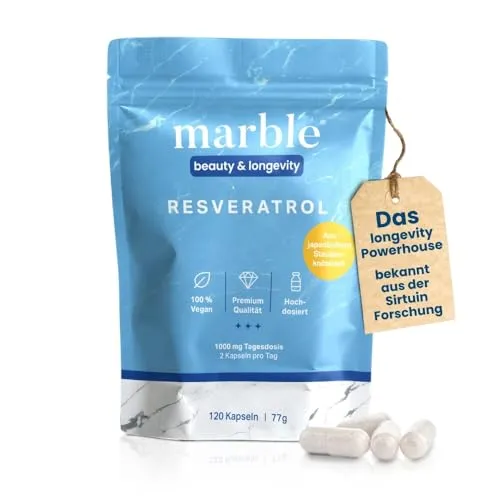 Marble Resveratrol, 120 Kapseln - Pflanzenextrakte mit 1000 mg hochreinem Trans-Resveratrol aus japanischem Staudenknöterich für optimale Gesundheit und ergänzt mit BioPerine für verbesserte Absorption.