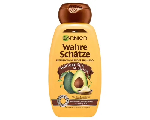 GARNIER Wahre Schätze Shampoo Avocado & Sheabutter 250ml - Haarshampoo für intensive Pflege, nährt und entwirrt trockenes Haar dank Avocado-Öl und Sheabutter. Ideal für empfindliche Kopfhaut und ohne Silikone.