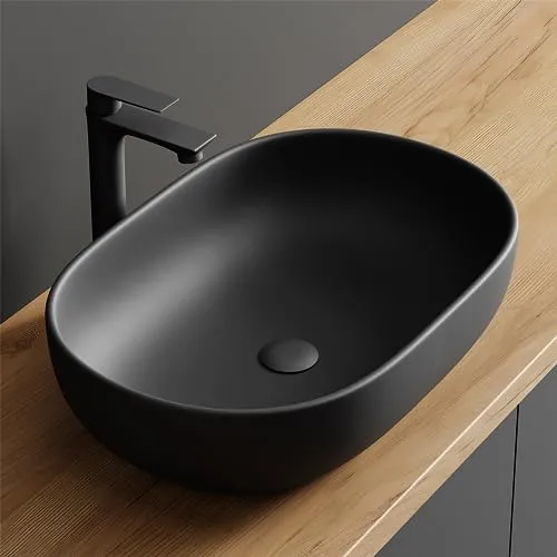 Planetmöbel Aquil Deluxe Waschbecken Oval - Elegantes Aufsatzwaschbecken in Schwarz matt - Einbauwaschbecken mit zeitlosem Design und pflegeleichter Oberfläche. Ideal für Badezimmer und Gäste-WC, ohne Hahnloch und Überlauf. Maße: 60 x 40 x 15 cm.