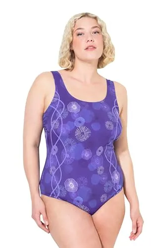 Ulla Popken Damen Plus Size Badeanzug mit Quallen-Muster - Badeanzug für Damen in großen Größen, modisches Quallenmuster, sportive Schwimmerform, seitlich geraffte Büste für optimalen Halt.