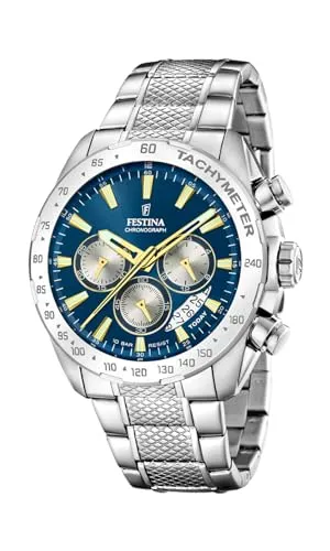 Festina Herren-Uhr Timeless Chronograph F20668/5 - Edelstahl, Silber/Blau - Chronograph aus Edelstahl mit blauem Zifferblatt, 10 ATM wasserdicht und elegante Faltschließe - ideal für stilbewusste Herren.