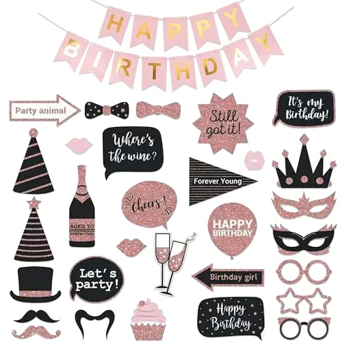 Stück Foto Requisiten, Schwarz und Pink Party Foto Booth Props mit Geburtstagsbanner, Fotobox Accessoires Geburtstag Foto Booth Requisiten Fotorequisiten Set für Fotobox und Partyspaß 31