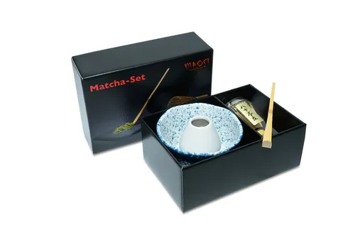 MAOCI Teeschale Matchaset Premium blau gesprenkelt - Teeschalen Set mit edler reaktiver Glasur, ideal für die stilvolle Matcha-Zubereitung, inklusive Matchabesen und Löffel im Geschenkkarton.