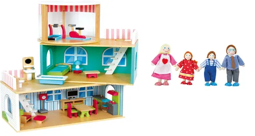 Puppenhaus ca. 59 x 28 x 64 cm 3 Elemente 22-tlg. Zubehör + 4 Biegepuppen Spiele