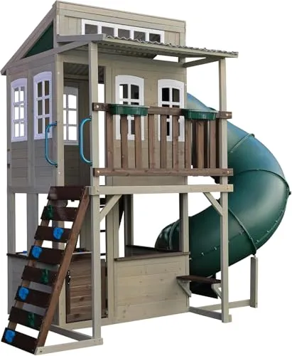 Produktbild KidKraft Cozy Escape Spielturm mit Rutsche – Zweistöckiges Klettergerüst für Gartenabenteuer