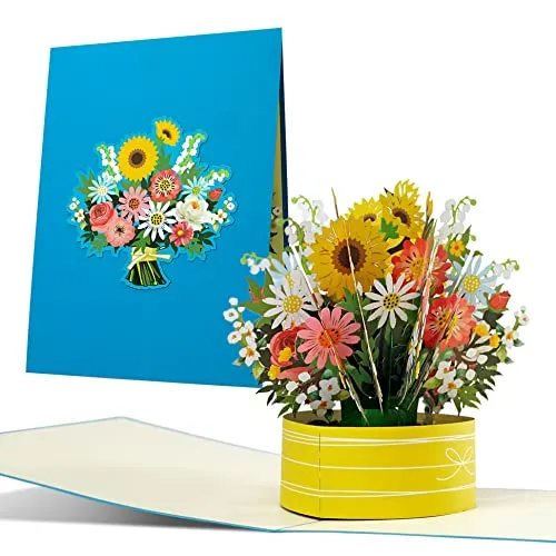 Glückwunschkarte mit 3D Blumenstrauß | Pop Up Karte mit fröhlich-bunten Blumen z. B. als Geburtstagskarte, Gute Besserung Karte, Dankeskarte, Gutschein, F24