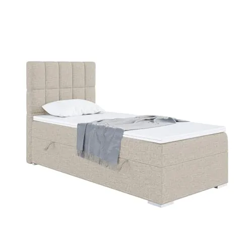 MEBLINI Boxspringbett mit Bettkasten - Gepolstert Einzelbett mit Matratze und Topper - Polsterbett mit Stauraum - Bett mit Kopfteil - Stauraumbett - Lukas - 100x200 Links - H3/Beige Webstoff