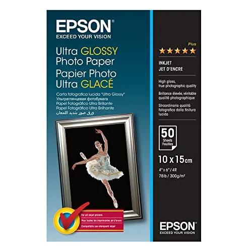 Epson Ultra Glossy Photo Paper - 100x150 mm, 50 Blatt für brillante Drucke, optimiert für lebendige Farben und professionelle Fotoqualität
