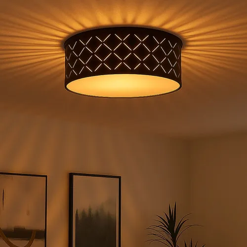 LED Deckenleuchte schwarz Samt Kunststoff opal 26 cm - Moderne Deckenleuchte aus Samt mit Dekorstanzungen, sorgt für blendfreies warmweißes Licht. Ideal für Räume mit niedriger Deckenhöhe, langlebig und einfach zu montieren.