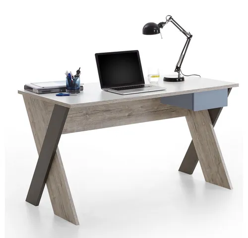 Lomadox Schreibtisch LEEDS-10 - Modernes Design in Sandeiche Nb. und Weiß - Schreibtisch mit 1 Schubkasten, hochwertige Melaminharzbeschichtung und strapazierfähige Oberflächen. Made in Germany, ideal für Home Office oder Arbeitszimmer.