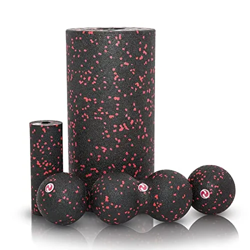 WoNicer Faszienrolle 5-teiliges Yoga-Schaumstoffrollen Set Foam Roller, Massageball & Faszienball für Effektives Faszientraining von Rücken, Wirbelsäule, Fuß & Pilates (Rot)