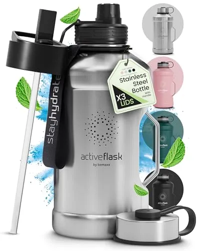Trinkflasche Edelstahl ACTIVE FLASK + Strohhalm (3 Deckel) | Große 1,3 / 2,2 Liter Sportflasche BPA-frei Auslaufsicher Kohlensäure geeignet, 2l XL Wasserflasche Sport Outdoor Fitness Wasser Flasche