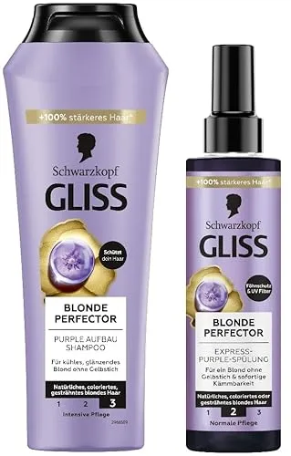 Gliss Blonde Perfector Purple Shampoo (250 ml) & Express-Purple-Spülung (200 ml) Mit Anti-Gelbstich-Effekt, Haarspülung zum Sprühen Mit Föhnschutz