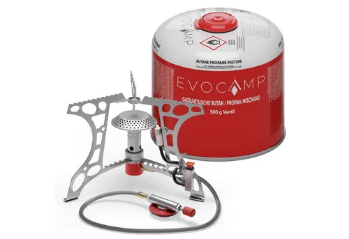 EVOCAMP Gaskocher Mini 3.2 kW mit Piezo-Zünder - Campingkocher mit 3,2 kW Leistung, ideal für Outdoor-Aktivitäten. Kompakt, leicht und schnell einsatzbereit – bringt 1 Liter Wasser in nur 3 Minuten zum Kochen.