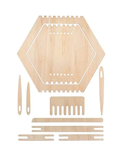 Rayher 63124505 Holz Webrahmen Set Wabe, FSC zertifiziert, 11teilig, 3 verschiedene, 6eckige Rahmen, mit Webschiffchen, Webnadeln, Webkamm