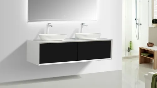 Alphabad Waschbeckenunterschrank RONADA-180 mit 2 Waschtischen - Moderner Unterschrank in matt weiß mit eleganten schwarzen Schubladen. Inkl. 2 SLIM Waschtischen aus hochwertigem Mineralguss. Praktische Push-to-Open Scharniere für einfachen Zugriff. Ideal für stilvolle Badezimmer.
