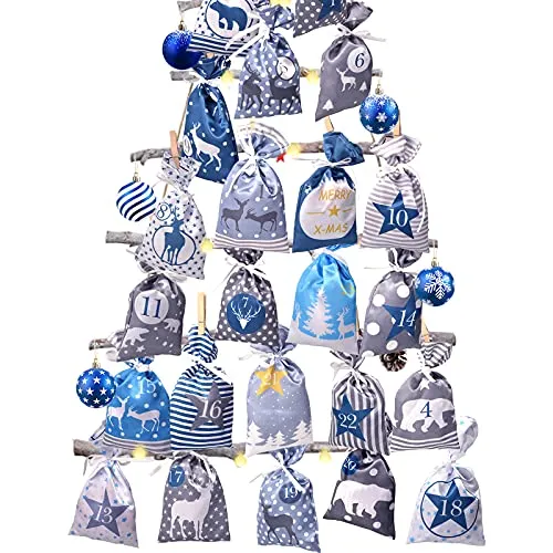 Adventskalender zum Befüllen Stoffbeutel, 24 stoffsäckchen Kette zum selber Basteln und Aufhängen, 2025 Weihnachtskalender zum selbst füllen mit Blau Grau Stoff Säckchen für Kinder junge männer