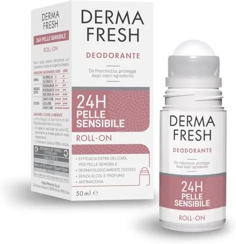 Dermafresh Deo Roll-On Effektiv 24h, 100 ml, empfindliche Haut, extra sanfte Wirkung, Fleckenschutz, sofortige Frische, ohne Alkohol und Parfüm, Dermatologisch getestet