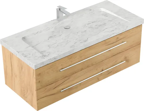 Badmöbel Marmor Carrara White YAMO 130 cm – Hochglanz & SoftClose - Elegantes Badezimmermöbel mit hochwertigem Marmorwaschbecken, SoftClose-System und pflegeleichten Oberflächen. Ideal für stilvolle Badezimmergestaltungen.