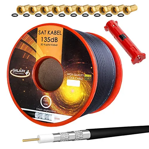 HB-DIGITAL SET 50m Koaxial SAT Kabel 135db Schwarz + 10x F-Stecker vergoldet + 1x Abisolierer | CU Reines Kupfer Satellit Antennenkabel 5-Fach geschirmt für DVB-S/S2 -C/C2 -T/T2 DAB+ Radio Anlagen
