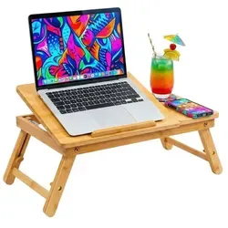 Relaxdays Bambus Laptop-Ständer Baum-Design Hellbraun - Ergonomischer Laptopständer aus Bambus für optimale Sitzhaltung. Höhenverstellbar und mit Lüftungsöffnungen für effiziente Kühlung. Inklusive Getränkehalter und Schublade für mehr Ordnung. Ideal für Home Office und Freizeit!