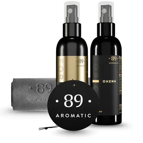 Aromatic •89• Geschenkset Autopflegeset – Safran, Jasmin & Orange Duft – Innenraumreiniger & Cockpitreiniger Set mit Autoduftspray, Mikrofasertuch & Hängepapier Lufterfrischer für Auto Pflege